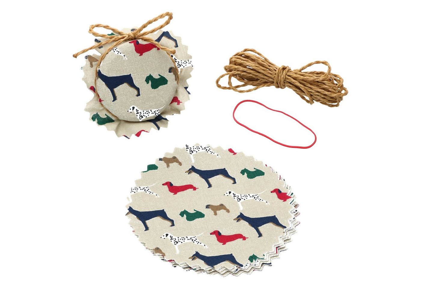 MamboCat Einmachglas Sturzglas Stoffdeckchen 10 Stück Hunde + Gummiband + 4m Jute-Schnur, Baumwolle von MamboCat