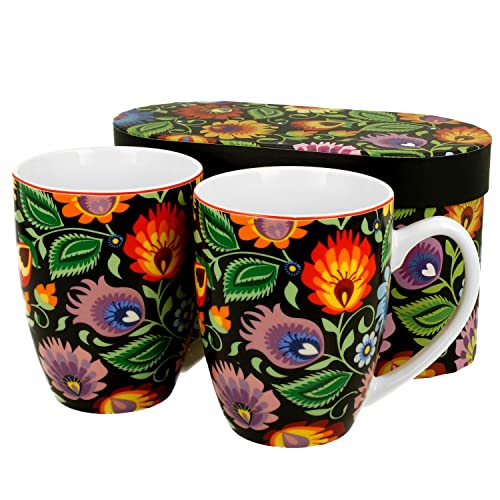 MamboCat Etnic 2er Set Becher konisch I 300 ml I für 2 Personen I Tasse aus Porzellan floralem Dekor & Geschenkverpackung I bunten Blumen-Motiv I Ideal für Tee, Kaffee, Latte Macchiato, Kakao & Co von MamboCat