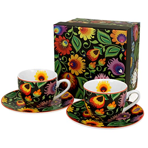 MamboCat Etnic Espressotassen-Set für 2 Personen I 100 ml I New Bone China-Porzellan I Kleine Tasse mit Untertasse, bunten Blumen-Motiv & Geschenkverpackung I Alternativ für Lungo, Americano von MamboCat