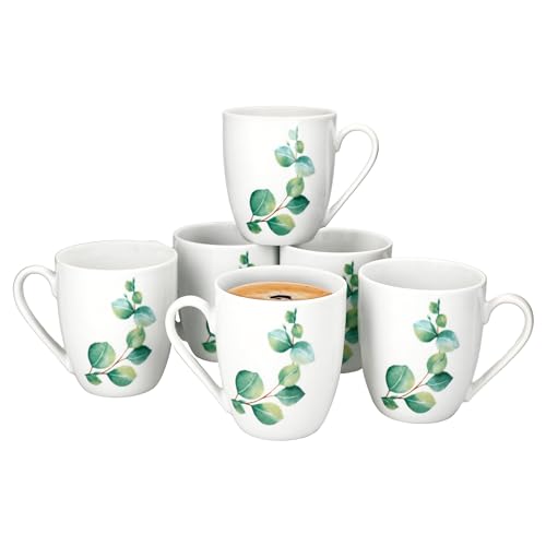 MamboCat Eukalyptus 6er Set Kaffeebecher I 340 ml, Höhe 10,5cm I weiße Porzellan-Becher mit Henkel für 6 Personen I Tassen mit grünem Pflanzen-Dekor für Heißgetränke wie Kakao, Tee, Kakao & Co von MamboCat