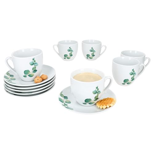 MamboCat Eukalyptus Kaffeetassen mit Untertassen für 6 Personen I Porzellan-Set mit grünem Pflanzen-Dekor für Frühstück & Kaffee I Je 6x Teetassen 180ml & Untertassen von MamboCat