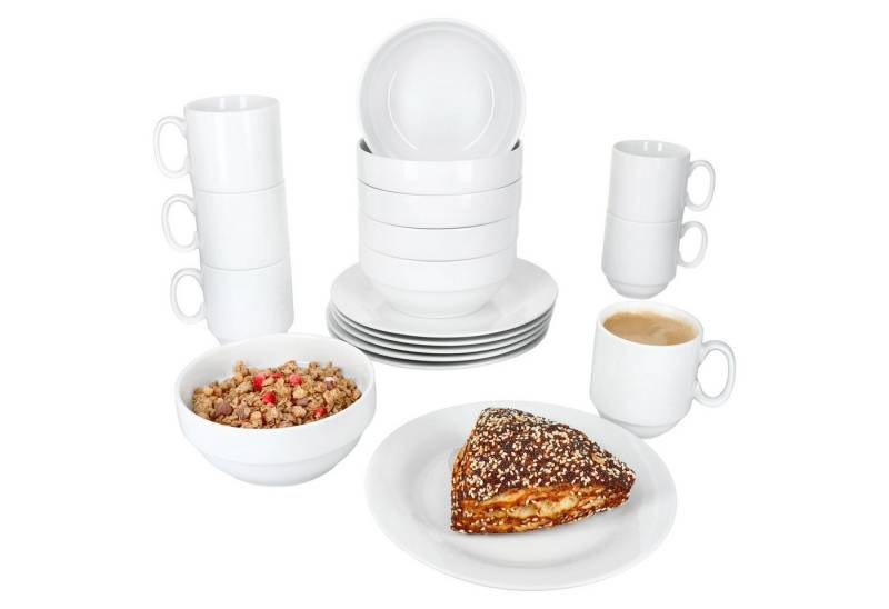 MamboCat Frühstücks-Geschirrset 18tlg Frühstücksset Tommy weiß Porzellan 6 Pers. Teller Schalen Becher, Porzellan von MamboCat