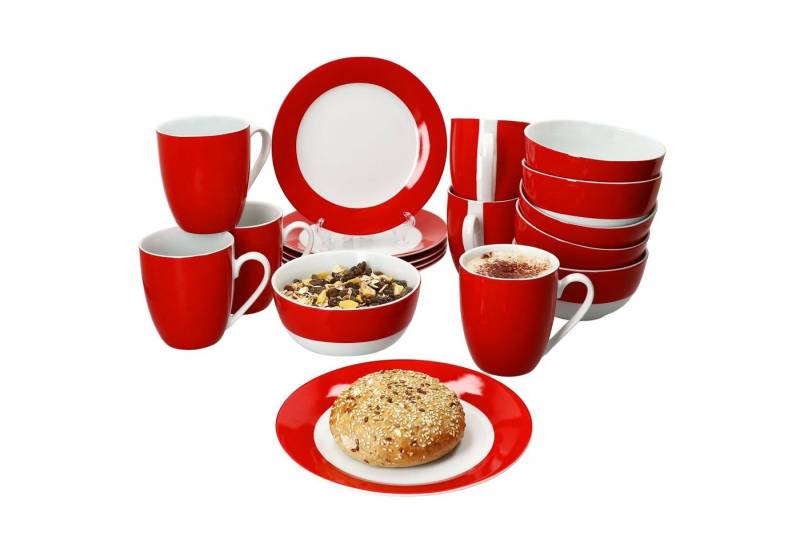 MamboCat Frühstücks-Geschirrset 18tlg Frühstücksset Variant Rot Porzellan 6 Personen Teller Schale, Porzellan von MamboCat
