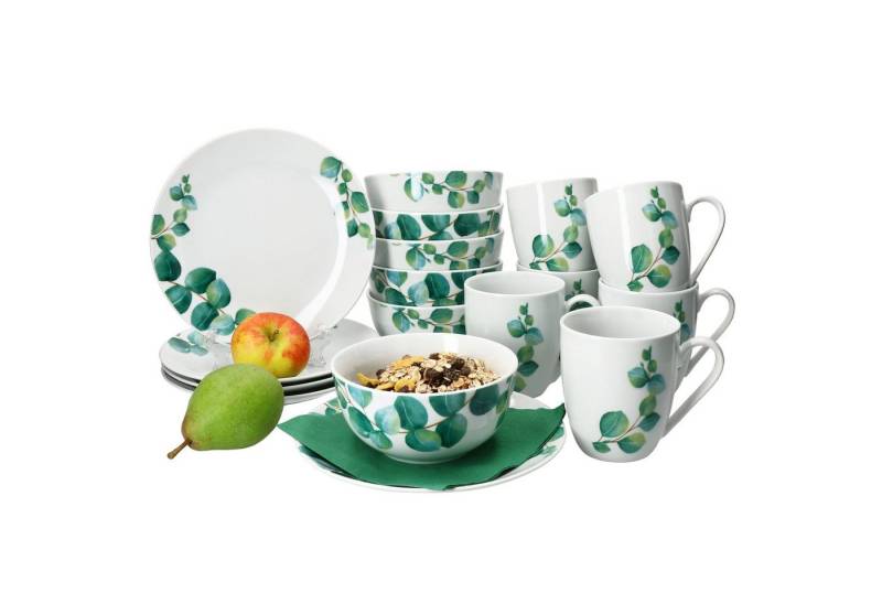MamboCat Frühstücks-Geschirrset Eukalyptus 18tlg Frühstücksset Porzellan 6 Personen Teller Becher, Porzellan MamboCat Frühstücks-Geschirrset Eukalyptus 18tlg Frühstücksset Porzellan 6 Personen Teller Becher, Porzellan von MamboCat