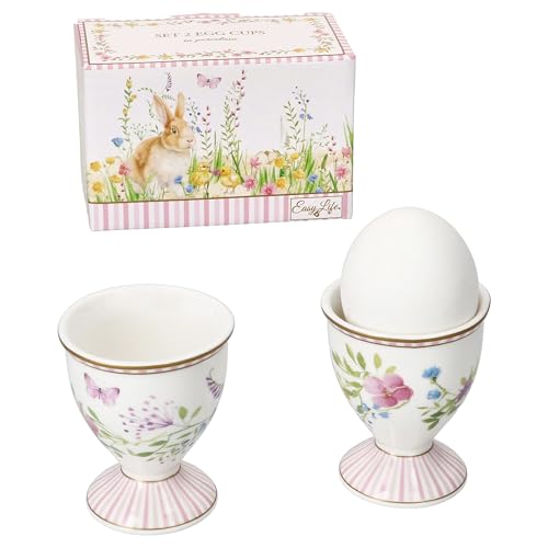 MamboCat Happy Easter 2er Set Eierbecher I für 2 Personen I runde Porzellan-Eierbecher mit Fuß & Oster-Dekor I für das weiche oder Harte Frühstücksei beim Brunch & Buffet von MamboCat