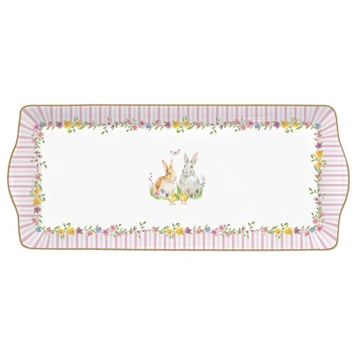 MamboCat Happy Easter Kuchenplatte rechteckig I Platte mit Osterdekor I Servierplatte für Topfkuchen, Plätzchen, Biskuitrolle für die Feiertage I Kuchenplatte mit Hasen, Küken, Blumen & Co. von MamboCat