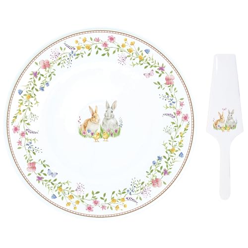 MamboCat Happy Easter Tortenplatte mit Tortenheber I runder Porzellan-Kuchenteller für Kekse, Cake-Pops, Cupcakes & Co I Gebäck-Teller & Kuchenheber für Ostern mit niedlichem Dekor von MamboCat