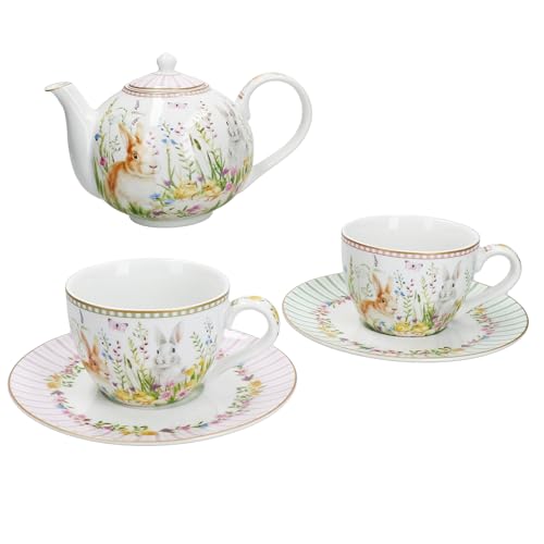 MamboCat Happy Easter buntes Teeset für 2 Personen I 1x Teekanne mit Sieb und 2x Teetassen mit Untertassen aus Porzellan I farbenfrohes Geschirr für Frühstück & Kaffee an Ostern von MamboCat