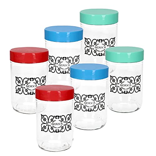MamboCat Ida 6er Set Glasbehälter mit Deckel I Aufbewahrungsglas mit farbigem Kunststoff-Deckel - in 3 Farben I ideal als Sortier-Behälter für Badezimmer DIY Hobby I 6 Stück Schraubdose 500 ml von MamboCat