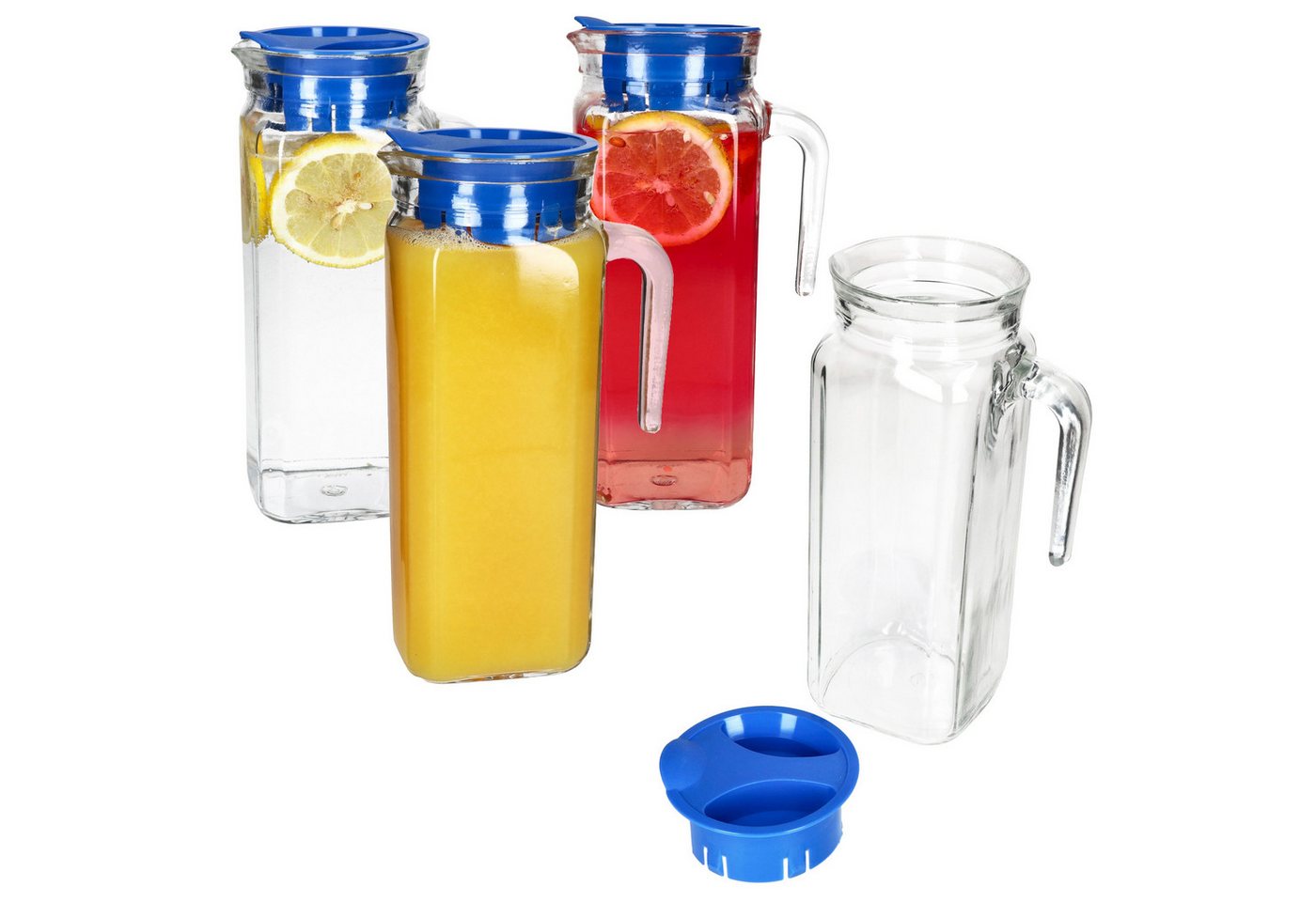 MamboCat Karaffe 4x KARO Kühlschrankkrug mit Deckel blau 1L Henkel Glas-Karaffe Kanne MamboCat Karaffe 4x KARO Kühlschrankkrug mit Deckel blau 1L Henkel Glas-Karaffe Kanne von MamboCat