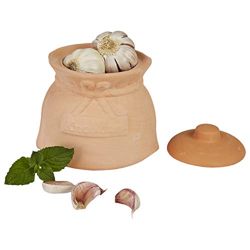 MamboCat Knoblauchtopf Terracotta Topf mit Deckel I Lustige Vorratsdose Knoblauch-Behälter Gemüsetopf Ton Behälter im Geschenk-Karton I Tongefäß Küche Tontopf Lebensmittel 15 x 10,5 x 14,5 cm von MamboCat