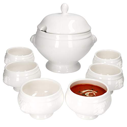 MamboCat Leo Löwenkopf Suppenterrine Suppentassen Set 7tlg I 1x Suppenschale mit Deckel 3 L + 6x kleine Suppentassen 0,45 L I Königliches Set Suppenschüssel Löwenkopf-Terrine aus Steingut weiß von MamboCat