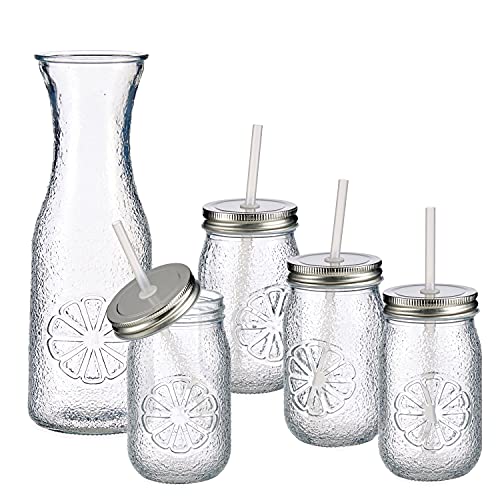 MamboCat Lima Wasserkaraffen Set 5 teilig I 4 Trinkbecher mit Deckel und Strohhalm 400 ml + Glaskaraffe 1 Liter I Saftkrug & Cocktailgläser mit Zitrusfrucht Ornament Deko I Vivalto Smoothie Becher von MamboCat