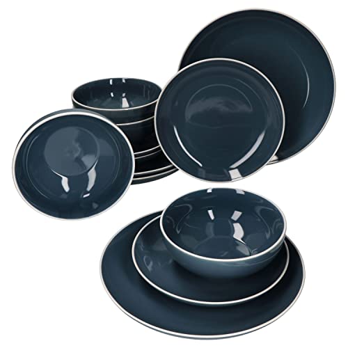 MamboCat Linus blau 12tlg. Teller Set I 4 Personen I dunkelblaues Steingut-Geschirr mit weißer Kante I Je 4X Speiseteller, Bowl-Schalen & Frühstücksteller I maritimes Design I skandinavisches Set von MamboCat