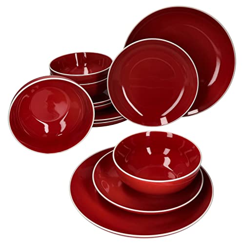 MamboCat Linus rot 12tlg. Teller Set I 4 Personen I dunkelrotes Steingut-Geschirr mit weißer Kante I Je 4X Speiseteller, Bowl-Schalen & Frühstücksteller I skandinavisches Set I Winter & Weihnachten von MamboCat