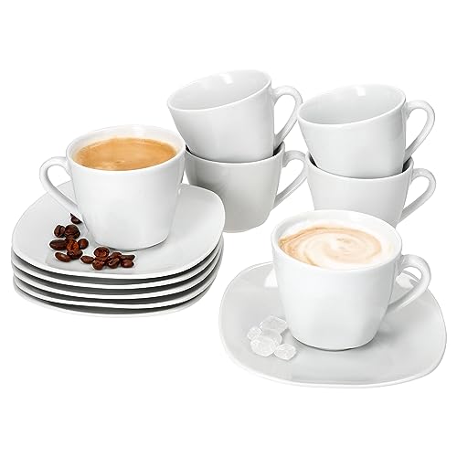 MamboCat Lotta Kaffeetassen mit Untertassen für 6 Personen I weiße Porzellan-Set für Frühstück & Kaffee I Je 6X Teetassen 170ml & Untertassen I schickes Geschirr für Zuhause, Gastro, Hotel, & Co von MamboCat
