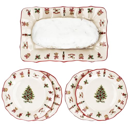 MamboCat Maestro Natale 5tlg Stollen-Set I italienisches Keramik-Geschirr für 4 Personen mit Weihnachtsdekor I 1x Stollenplatte & 4X Kuchenteller für Weihnachten von MamboCat