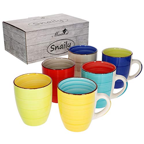 MamboCat Malaga Snaily Kaffeebecher 300 ml I Kaffeetassen 6er Set mit Strudel-Dekor - in 6 kräftigen Farbtönen I Steingut-Tasse groß I Tea & Coffee Mug Set - Bunte Kaffee-Tassen 6 Stück von MamboCat