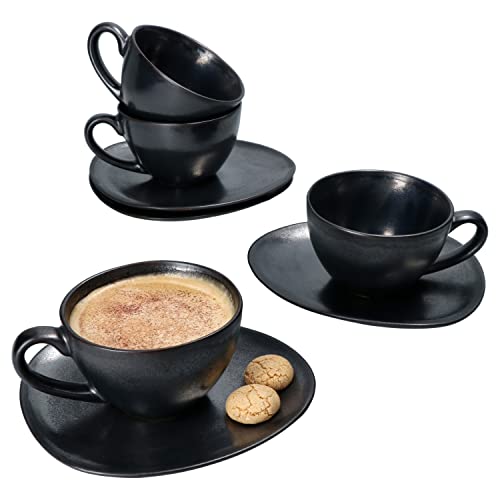 MamboCat Manhattan Nero Kaffeetassen-Set für 4 Personen I 220ml I 4x handgefertigte Kaffeetasse mit Untertasse I Geschirr-Set in schwarzer Kupfer-Optik, matt I Kaffee-Tisch I Steingut I Coffee-Pot von MamboCat