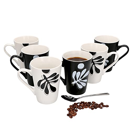 MamboCat Matty 6er Set Kaffee Becher schwarz & weiß I moderne Kakao Tasse I Trinkbecher mit Henkel abstraktes Blattdekor I hochwertige Kaffeetassen I Fine Bone China Porzellan Kaffeebecher 250 ml von MamboCat