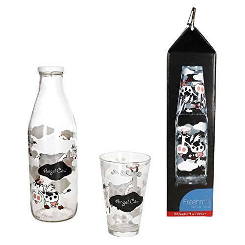 MamboCat Milchflaschen Set Angel Cow I Flirt Milchglasflasche 1 Liter mit Schraubverschluss und 310 ml Trinkglas mit Motiv I Designer Weithalsflasche Trinkflasche I Leere Flasche zum Befüllen 1000ml von MamboCat