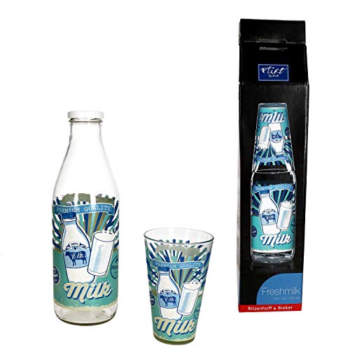 MamboCat Milchflaschen Set Premium Milk I Flirt Milchglasflasche 1 L mit Schraubverschluss und 310 ml Trinkglas mit Motiv I Designer Weithalsflasche Trinkflasche I Leere Flasche zum Befüllen 1000ml von MamboCat