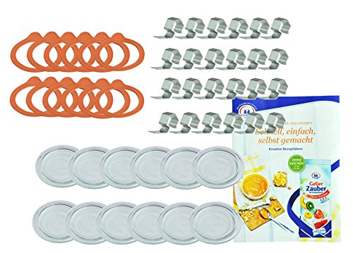 ORIGINAL WECK-Einkoch-Set - 12 Glasdeckel für Rundrandglas 60 mm + 12 Einkochringe + 24 Weck-Klammern + GRATIS Rezeptheft, Ersatzdeckel aus Glas, transparent, WECK-Rundrandgläser RR60 von MamboCat