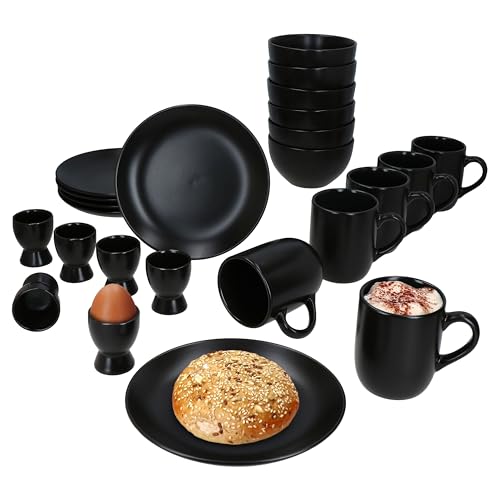 MamboCat Panther 24tlg Frühstücksset matt schwarz I Je 6x kleine Teller, Schale 450ml, Kaffeebecher 340ml & Eierbecher für 6 Personen I Steingut-Geschirr für Frühstücks- & Kaffeezeit MamboCat Panther 24tlg Frühstücksset matt schwarz I Je 6x kleine Teller, Schale 450ml, Kaffeebecher 340ml & Eierbecher für 6 Personen I Steingut-Geschirr für Frühstücks- & Kaffeezeit von MamboCat