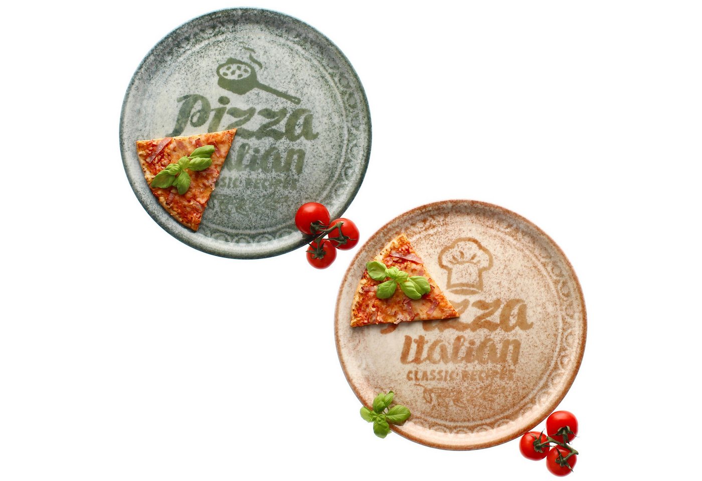 MamboCat Pizzateller 2x Pizzateller creme & grün Ø33cm 2 Personen XL-Teller Dekor Platte von MamboCat