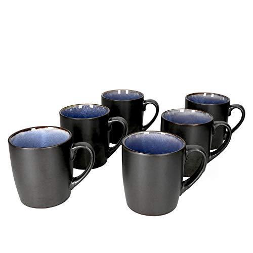 MamboCat Reactive Blue 6er Kaffeebecher-Set I moderne Kaffeetassen aus Steingut für 6 Personen - robust & handgefertigt I 6x große Tee-Tasse - Design in Kupfer-Optik schwarz-blau I Tassen-Set 6er von MamboCat