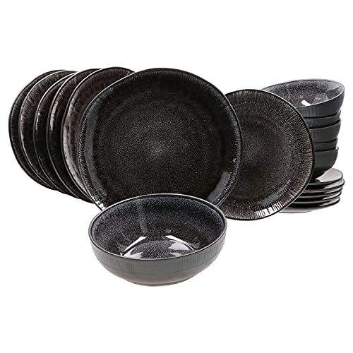MamboCat Reactive Glaze Black Geschirr-Set 18-teilig Zakynthos I Kombi-Service für 6 Personen I Tafel-Service mit je 6X Speiseteller - Kuchenteller & Müslischale I Steingut-Set handgefertigt von MamboCat