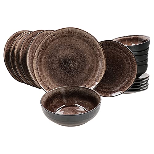 MamboCat Reactive Glaze Brown Geschirr-Set 18-teilig Samos I Kombi-Service für 6 Personen I Tafel-Service mit je 6x Speiseteller - Kuchenteller & Müslischale I Steingut-Set handgefertigt von MamboCat