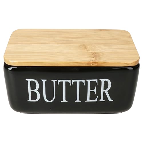 MamboCat Reni Butterdose mit Bambusdeckel | rechteckige Schwarze Keramikdose mit weißem Schriftzug I für 1 Stück Butter (250g) | zur Aufbewahrung von Butter & Margarine von MamboCat