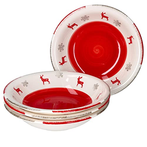 MamboCat Rentier Unik 4er Set Suppenteller I 450ml I 4 Personen I Ø 21 cm I große Soup-Bowl für Weihnachten I Mit Hirschen & Schneeflocken I Pastateller, Spaghetti-Teller, Salat-Schüssel Steingut von MamboCat