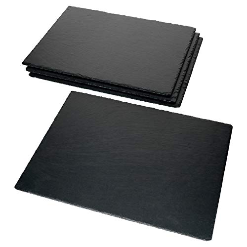 MamboCat Schieferplatte 4er Set 40 x 30 cm I Servierplatten Schwarz I Sushi Platte mit rustikaler Bruchkante I Cheese Board Vorspeisenteller auch als Untersetzer Teller I Dekoplatte Granit von MamboCat