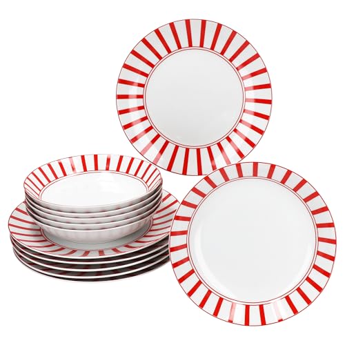 MamboCat Split rot 12tlg Tafelservice I weißes Porzellan-Geschirr mit Streifen für 6 Personen I 6X Suppenteller & 6X Speiseteller für Frühstück, Mittag & Abendbrot MamboCat Split rot 12tlg Tafelservice I weißes Porzellan-Geschirr mit Streifen für 6 Personen I 6X Suppenteller & 6X Speiseteller für Frühstück, Mittag & Abendbrot von MamboCat