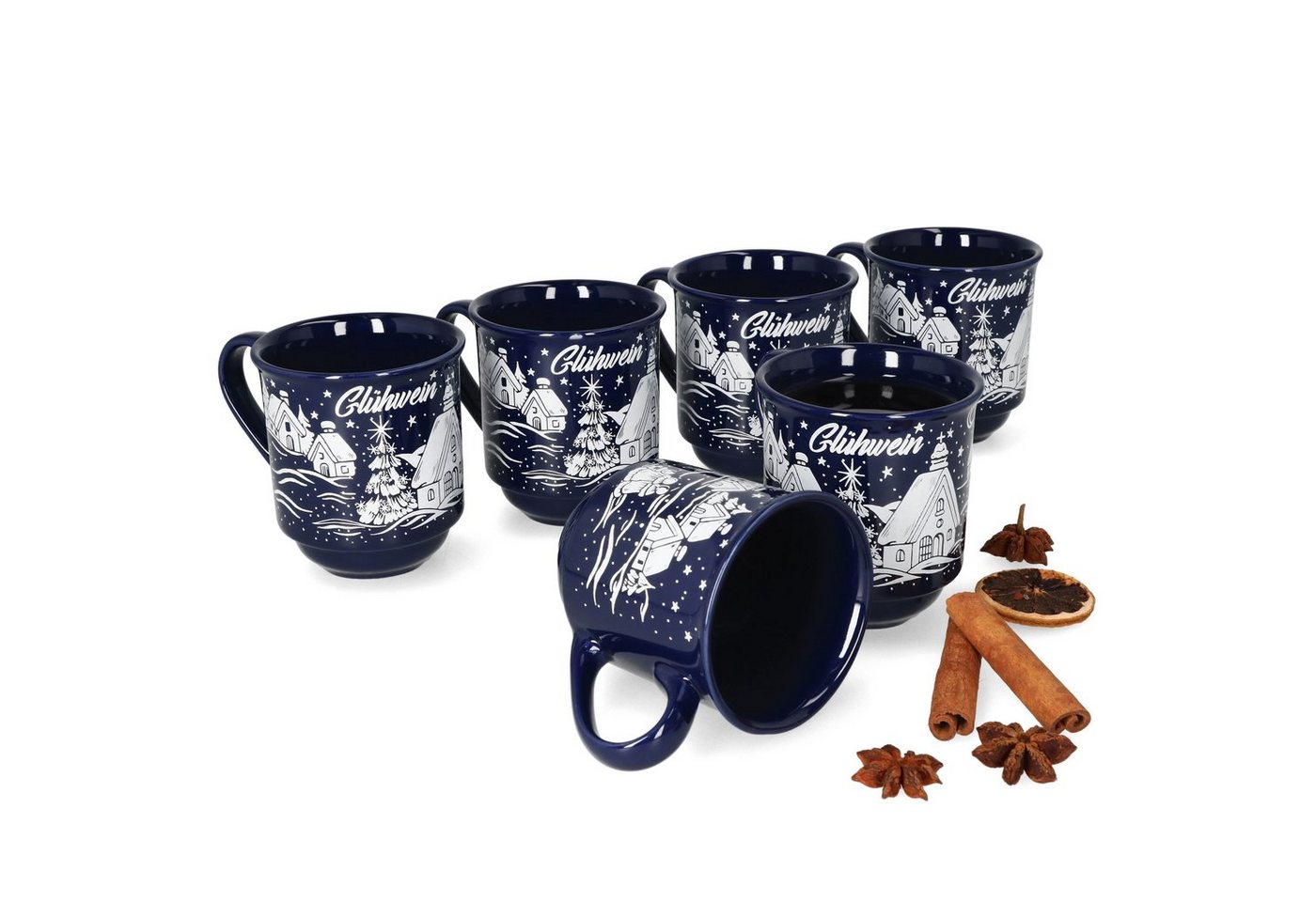 MamboCat Tasse 6er Set Glühweinbecher dunkelblau Weihnachtslandschaft 0,2L geeicht, Keramik, Weihnachtsgeschirr, Weihnachten, Weihnachtsmarkt, Punsch von MamboCat