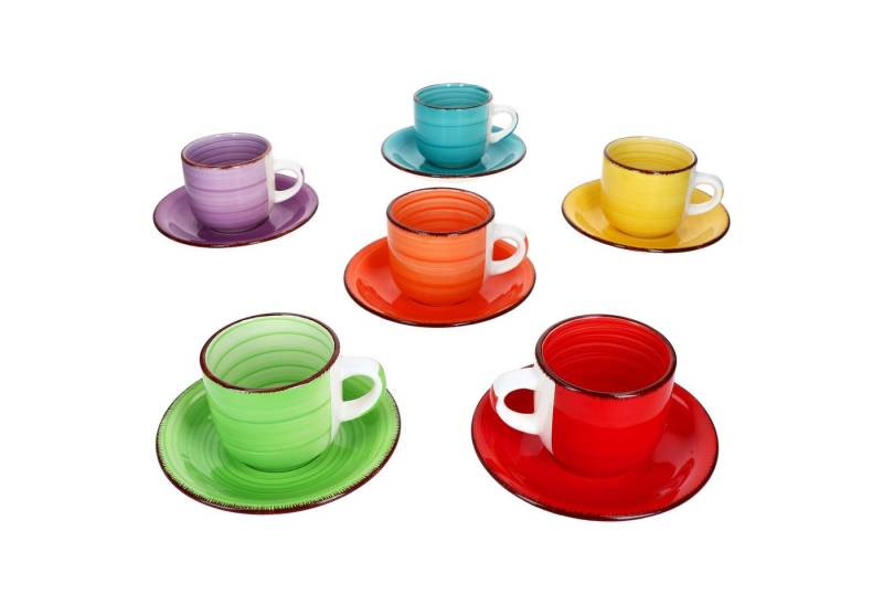 MamboCat Tasse 6er Set Uni bunt Cappuccinotassen mit Untertassen 200ml Kaffee Tee, Steingut von MamboCat