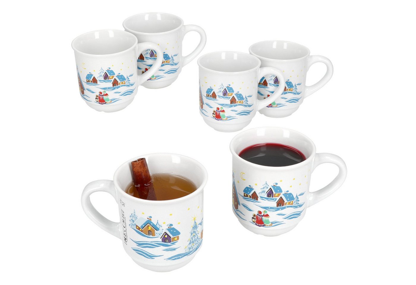 MamboCat Tasse 6x Glühweinbecher 0,2L weiß Weihnachtslandschaft Glühweintassen, Keramik, Weihnachtsgeschirr, Weihnachten, geeicht, Weihnachtsmarkt von MamboCat