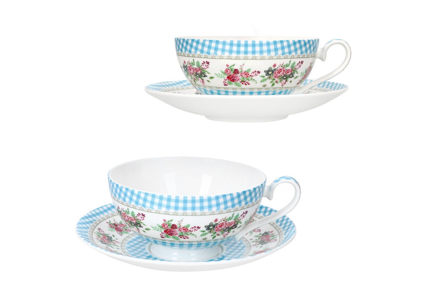 MamboCat Tasse MamboCat Blüten Blau Teetasse 0,3L + Untertasse 2 Pers. Blumen, Porzellan von MamboCat