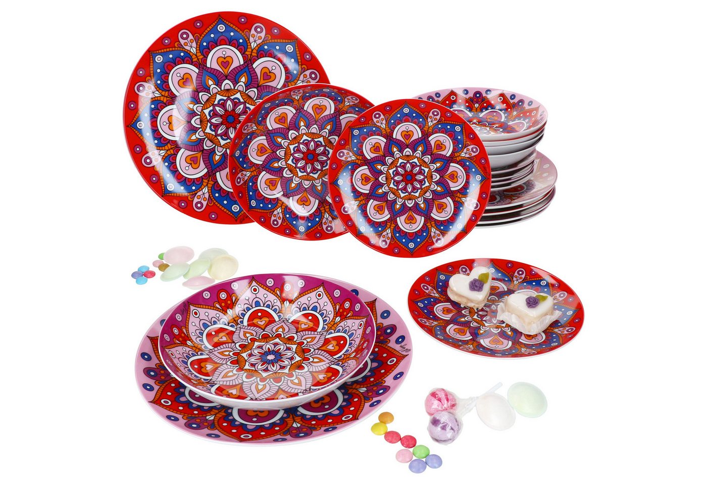 MamboCat Teller-Set 18tlg Tellerset Bayram Rosa Rot 6 Pers Essteller Suppenteller Teller, Steingut von MamboCat