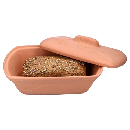 MamboCat Terra Brottopf aus Terrakotta I (LxB) 33x22,5cm I Ton-Brotkasten mit Deckel für Ihre Küche I formschöne rechteckig Aufbewahrungsbox mit Relief & Schriftzug für Toast & Brötchen von MamboCat