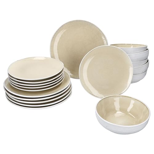 MamboCat Tzia 18-tlg. Tellerset I handgefertigtes Steingut-Geschirr in Vanille & Weiß I 6x Speiseteller, 6x Schalen, 6x Dessertteller I für 6 Personen MamboCat Tzia 18-tlg. Tellerset I handgefertigtes Steingut-Geschirr in Vanille & Weiß I 6x Speiseteller, 6x Schalen, 6x Dessertteller I für 6 Personen von MamboCat