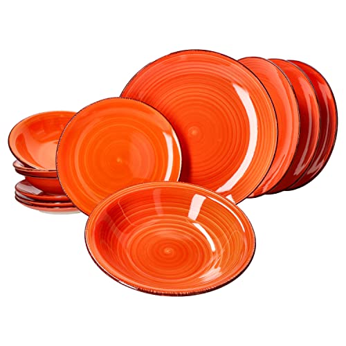 MamboCat Uni Orange 12-tlg. Teller Set I 4 Personen I sonniges Steingut-Geschirr I Speiseteller, Suppenteller & Kuchenteller mit Strudel-Dekor I Tafel-Gedeck I Teller tief & Teller flach von MamboCat