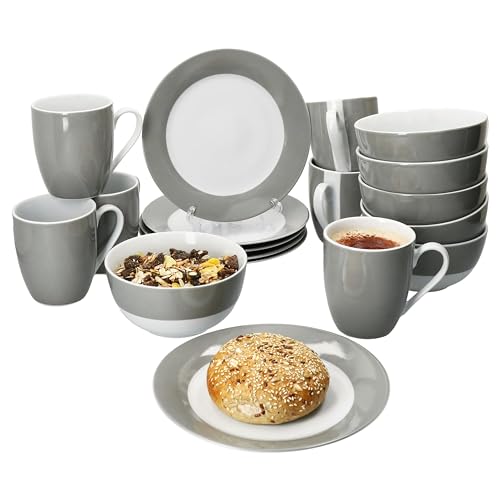 MamboCat Variant Grau 18tlg Frühstücksset I Je 6x kleine Teller, Schale 450ml & Kaffeebecher 350ml, Höhe 10,3cm für 6 Personen I Porzellan-Geschirr für Frühstücks- & Kaffeezeit von MamboCat