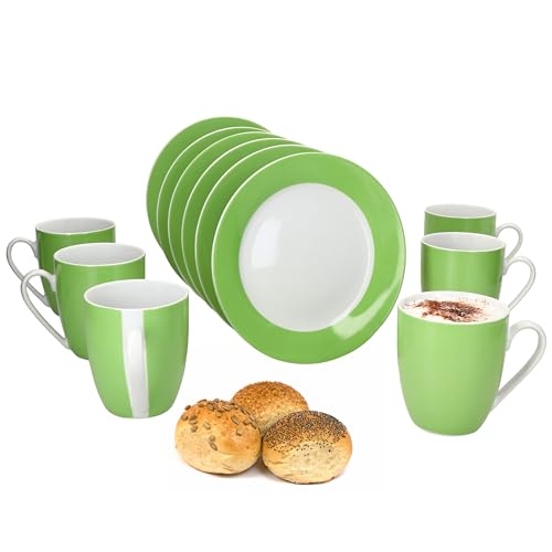 MamboCat Variant Grün 12tlg Frühstücksset I Je 6x kleine Teller & Kaffeebecher 350ml, Höhe 10,3cm für 6 Personen I Tasse, Kuchenteller I Porzellan-Geschirr für Frühstücks- & Kaffeezeit von MamboCat