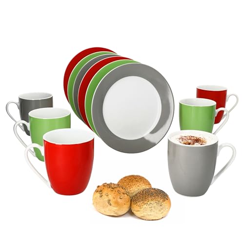 MamboCat Variant Trio 12tlg Frühstücksset I Je 6x kleine Teller & Kaffeebecher 350ml, Höhe 10,3cm für 6 Personen I Tasse, Kuchenteller I Porzellan-Geschirr für Frühstücks- & Kaffeezeit von MamboCat