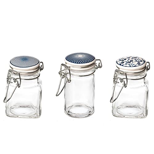 MamboCat Vorratsgläser Set Royal 3-tlg. mit Bügelverschluss 90 ml I Aufbewahrungsgläser klein mit Drahtbügel rund & eckig I Vorratsglas - Vorratsdosen luftdicht I blau-weiße Deko-Motive von MamboCat