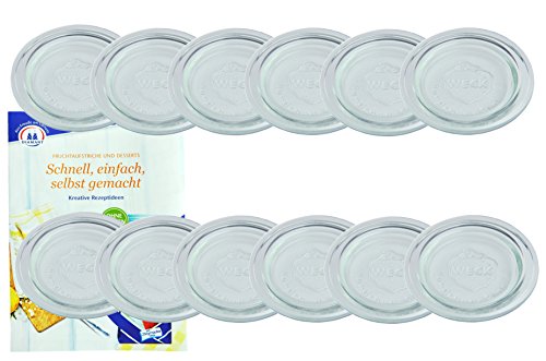 WECK 12er Set Ersatz-Glasdeckel für Rundrandglas 100 mm, Glasdeckel, Ersatzdeckel, Ersatzglas, Glasauflage transparent, passend für WECK-Rundrandgläser RR100 incl. Gelierzauber Rezeptheft von MamboCat