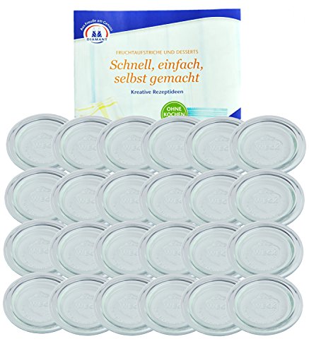 MamboCat WECK 24er Set Ersatz-Glasdeckel für Rundrandglas 60 mm, Glasdeckel, Ersatzdeckel, Ersatzglas, Glasauflage transparent, passend für WECK-Rundrandgläser RR60 incl. Gelierzauber Rezeptheft von MamboCat